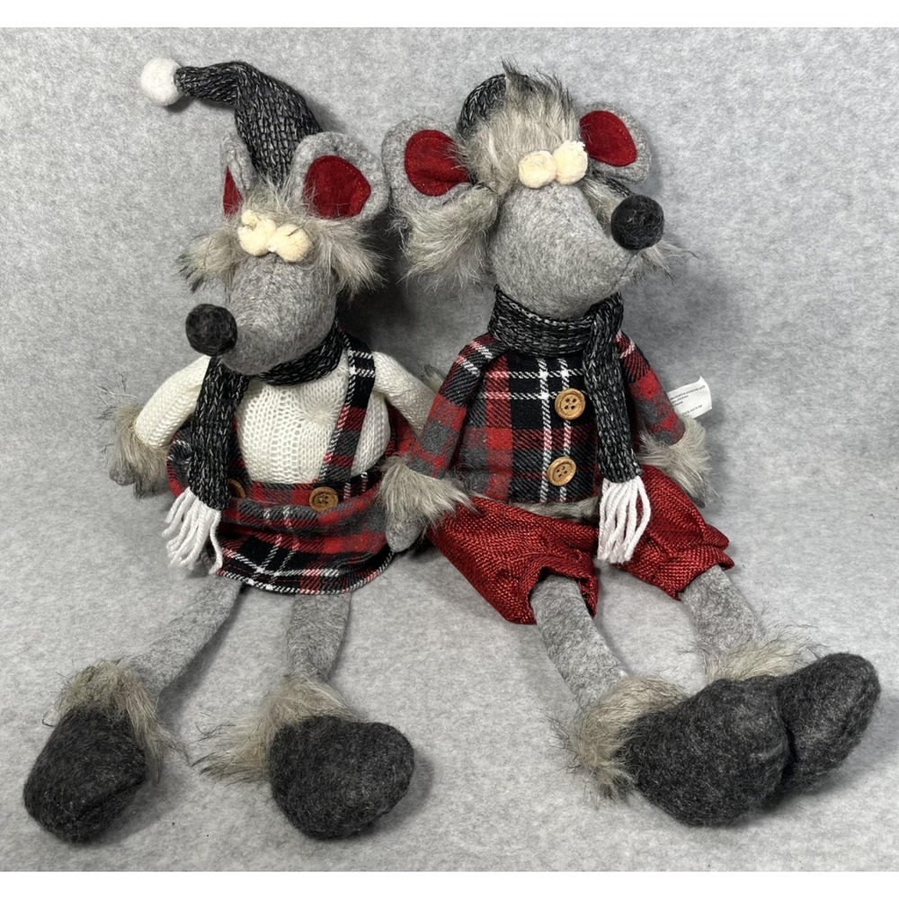 Christmas Felt Mice Plush Shelf Sitter Pair Nordic Grey Holiday Decor Farmhouse